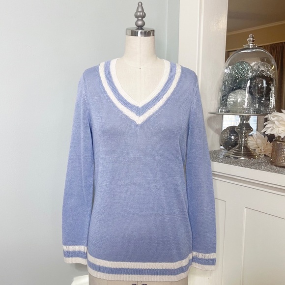 Talbots Blue & White Linen V-Neck Sweater XS - Picture 2 of 10